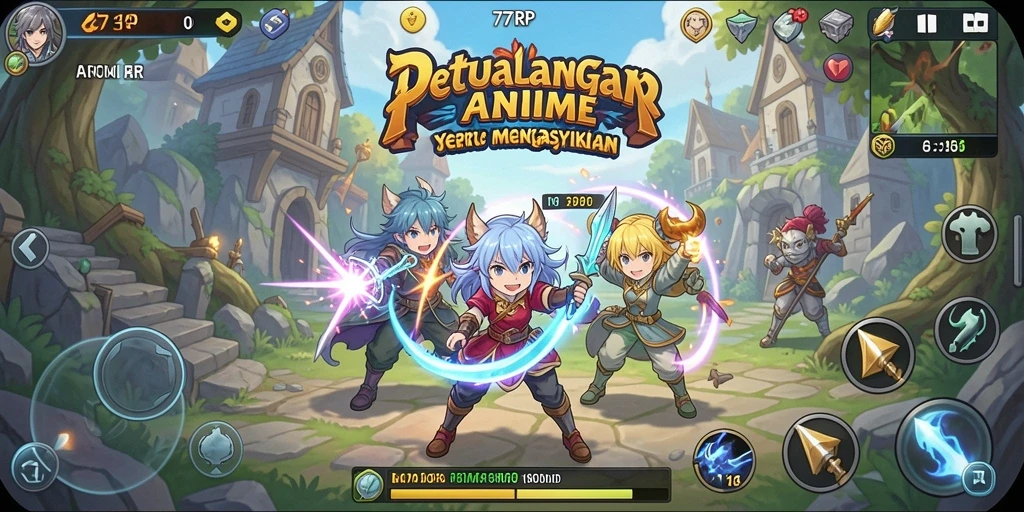 Screenshot 77RP menampilkan karakter anime dalam aksi petualangan yang mendebarkan.