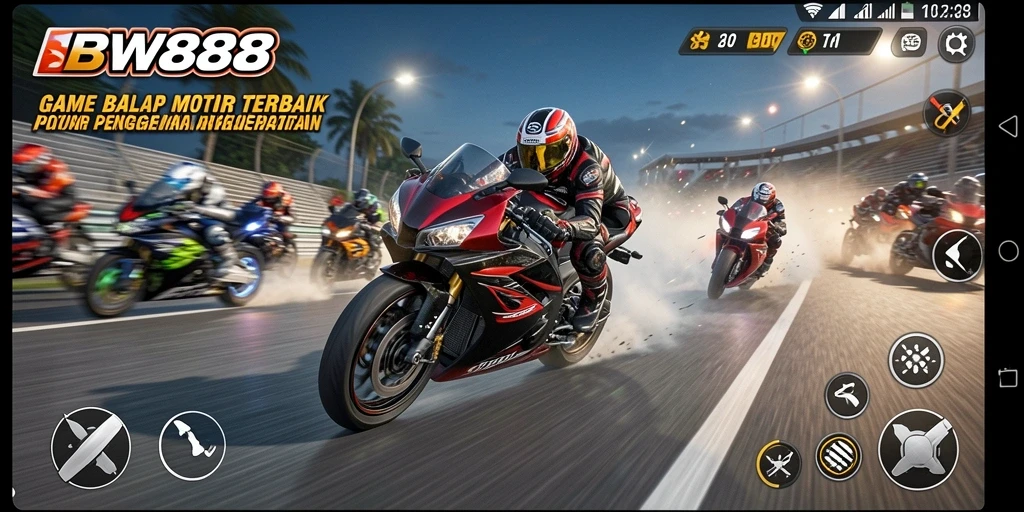 Screenshot gameplay BW888 yang menampilkan aksi balap motor yang mendebarkan.