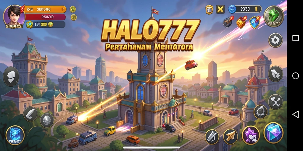 Screenshot HALO777 menunjukkan aksi menara mempertahankan basis dari serangan musuh.