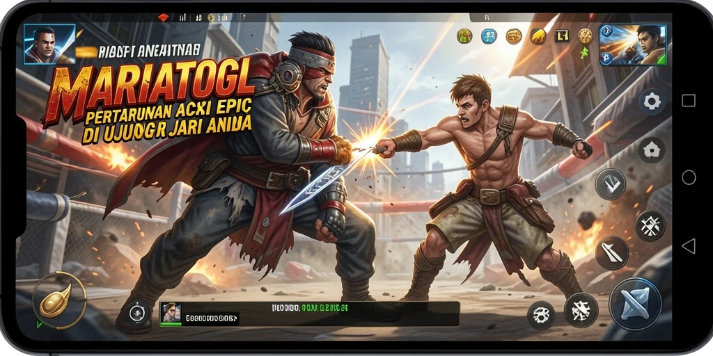 Tangkapan layar menampilkan aksi seru dalam MARIATOGL dengan karakter yang bertarung di arena.