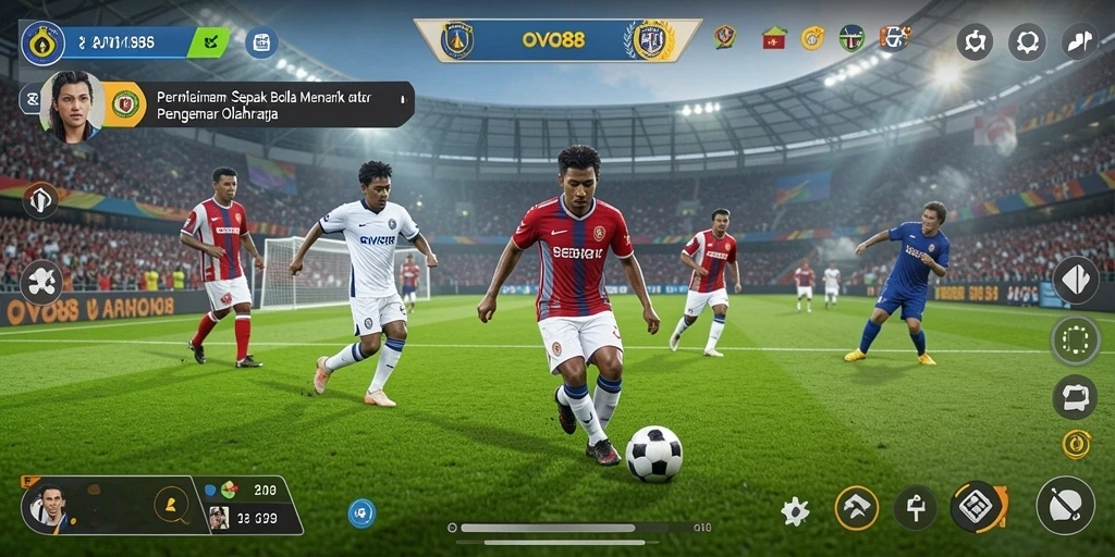 Tampilan gameplay OVO88 dengan aksi sepak bola seru di lapangan.