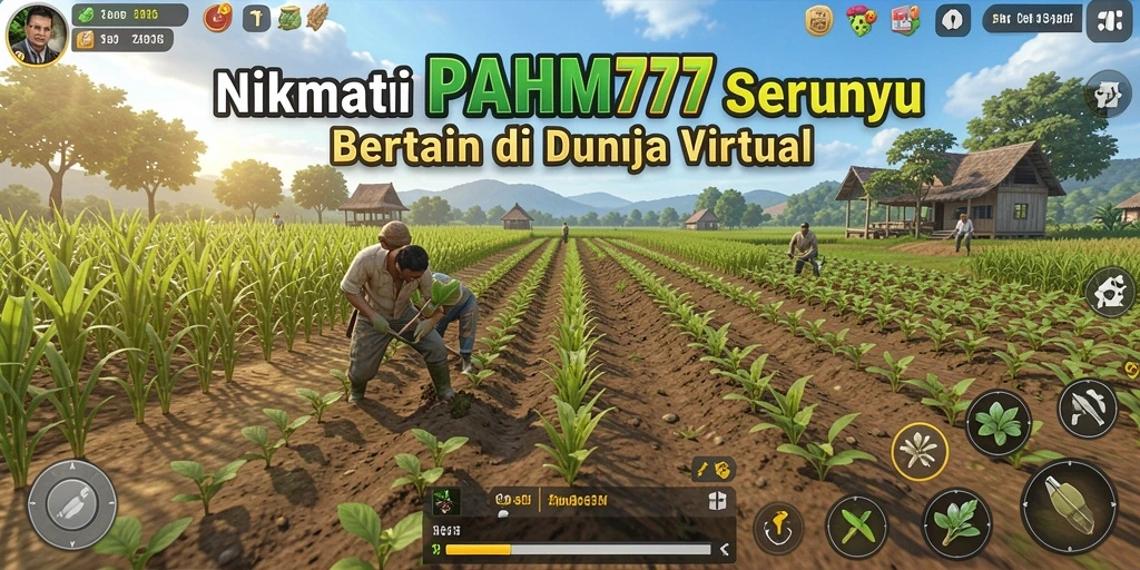 Tangkapan layar permainan PAHAM777 menunjukkan ladang hijau subur dan aktivitas bertani.