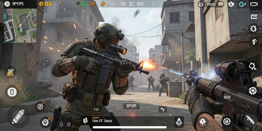 Screenshot gameplay RPVIP5 yang menunjukkan aksi pertempuran FPS.