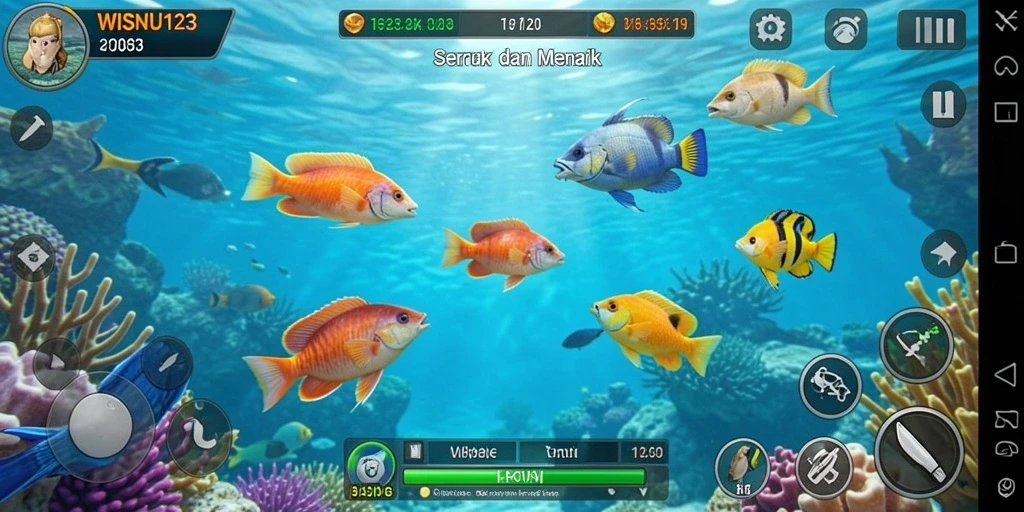 Tampilan gameplay seru WISNU123 dalam menembak ikan.